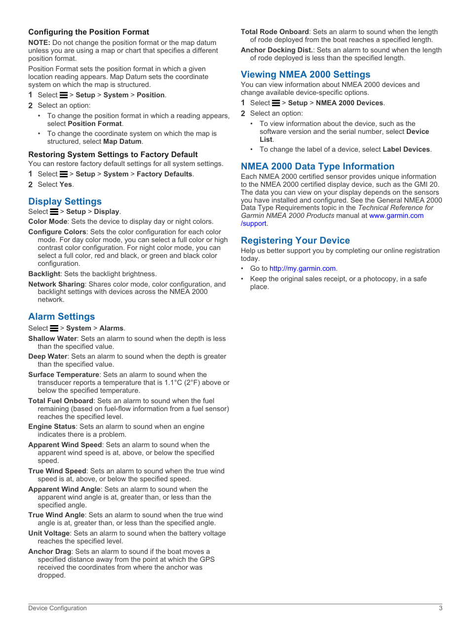 Configuring the position format, Restoring system settings to factory default, Display settings | Alarm settings, Viewing nmea 2000 settings, Nmea 2000 data type information, Registering your device | Garmin GMI 20 User Manual | Page 7 / 10
