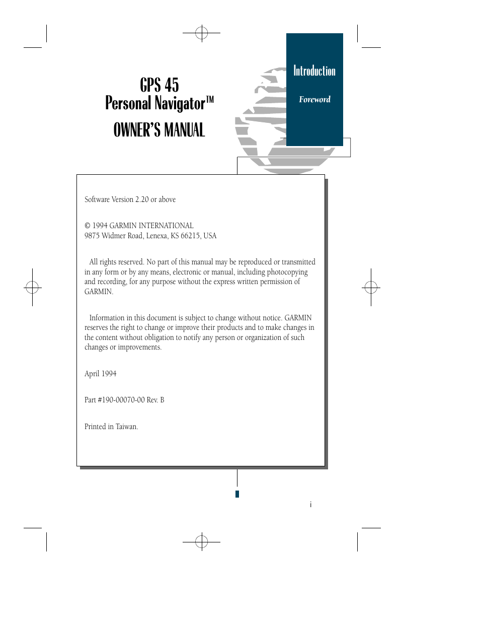 Gps 45 personal navigator, Owner’s manual, Introduction | Garmin GPS 45 User Manual | Page 3 / 70