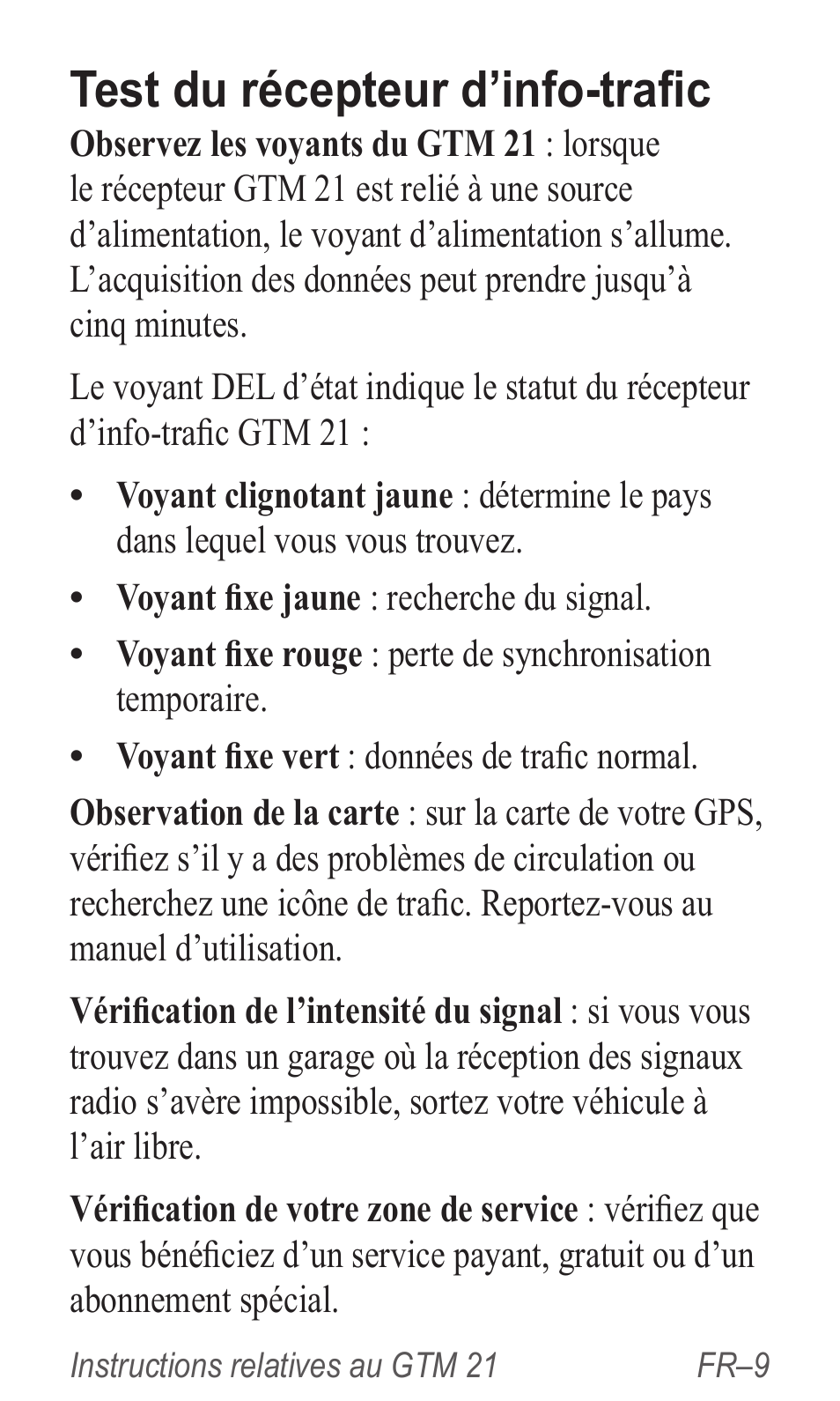 Test du récepteur d’info-trafic | Garmin GTM 20 User Manual | Page 11 / 60