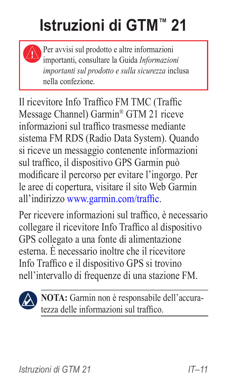 Istruzioni di gtm™ 21, Struzioni, Istruzioni di gtm | Garmin GTM 20 User Manual | Page 13 / 60