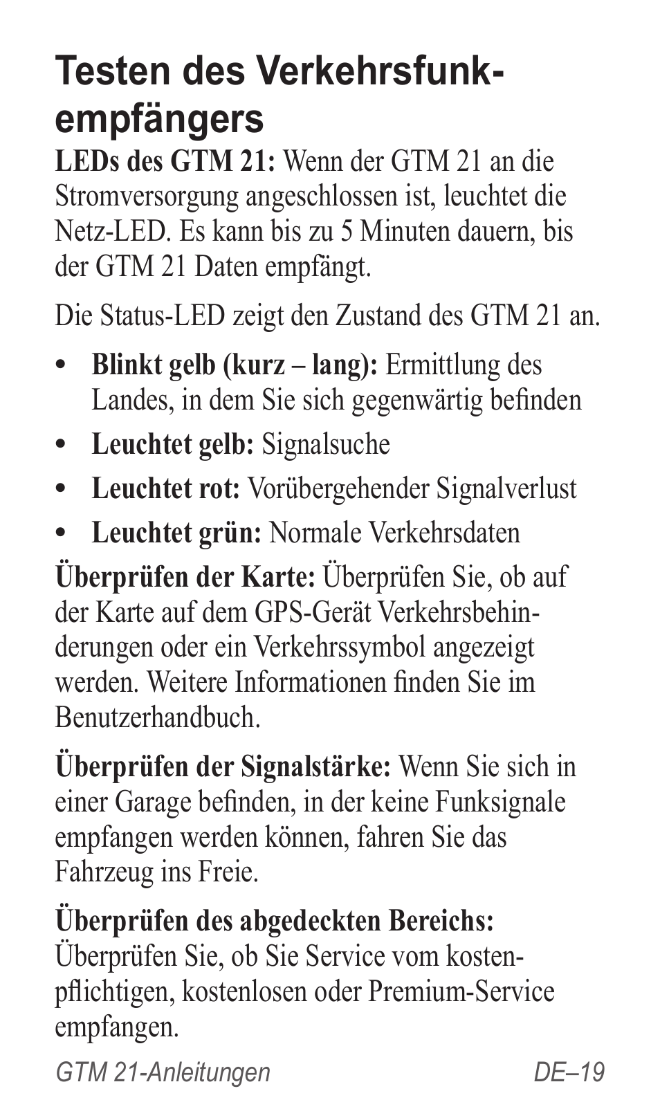 Testen des verkehrsfunk- empfängers | Garmin GTM 20 User Manual | Page 21 / 60