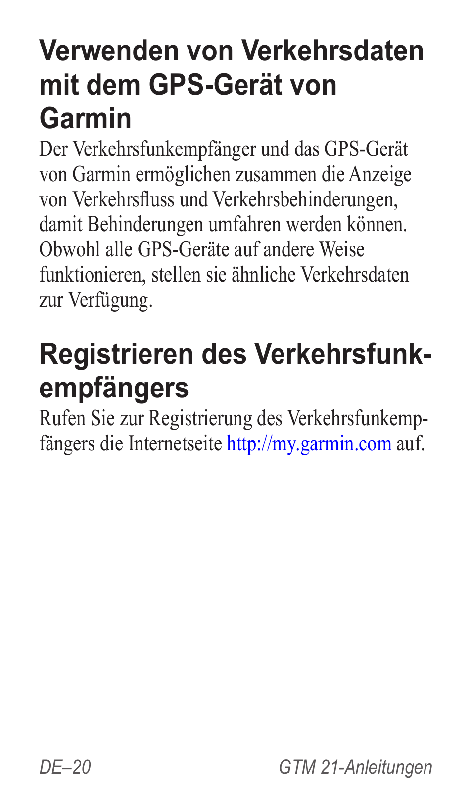 Registrieren des verkehrsfunk- empfängers | Garmin GTM 20 User Manual | Page 22 / 60