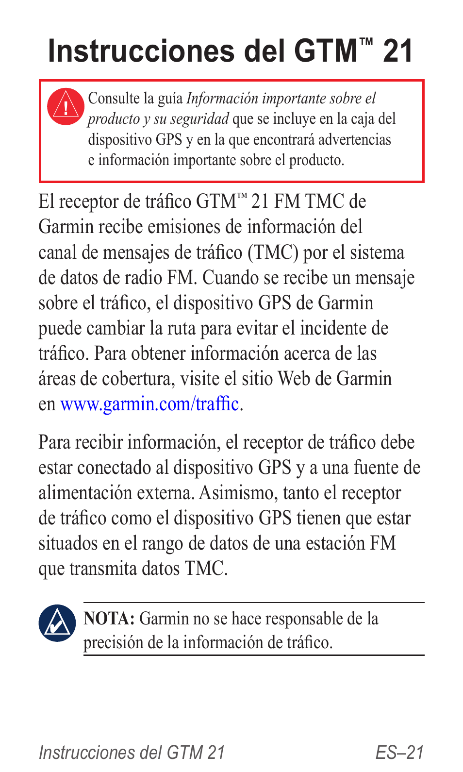 Instrucciones del gtm™ 21, Nstrucciones, Instrucciones del gtm | Garmin GTM 20 User Manual | Page 23 / 60