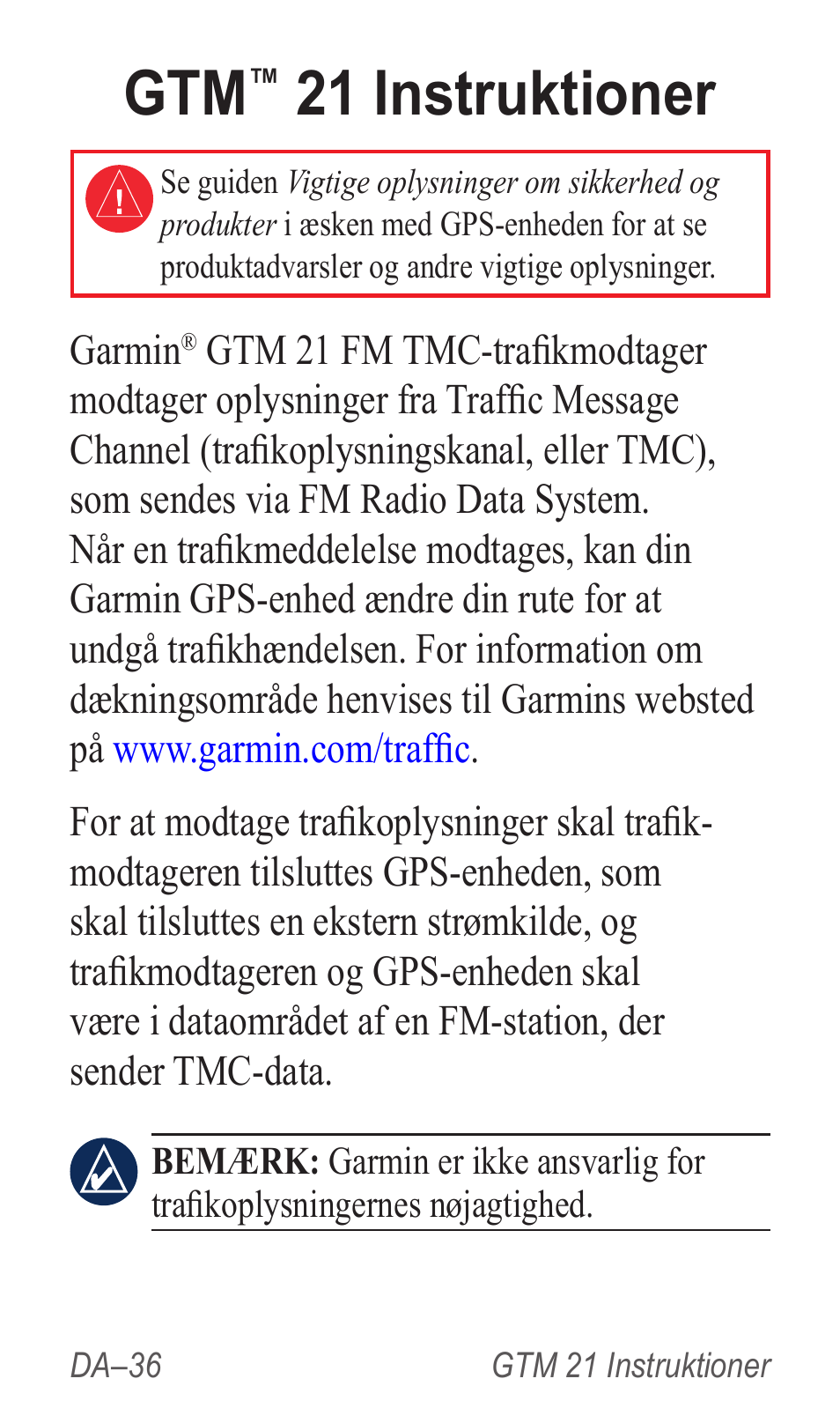 Gtm™ 21 instruktioner, Instruktioner, 21 instruktioner | Garmin GTM 20 User Manual | Page 38 / 60