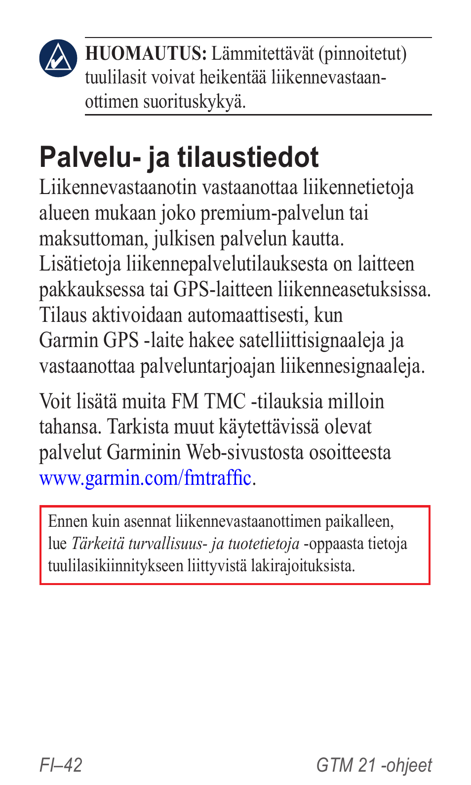 Palvelu- ja tilaustiedot | Garmin GTM 20 User Manual | Page 44 / 60