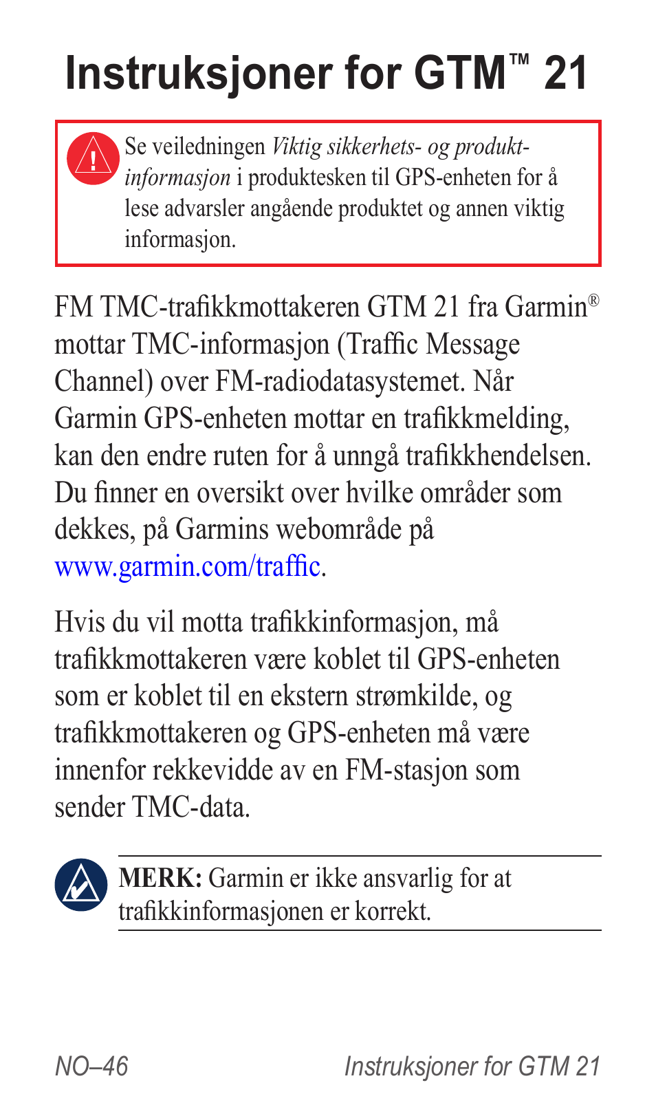 Instruksjoner for gtm™ 21, Nstruksjoner, Instruksjoner for gtm | Garmin GTM 20 User Manual | Page 48 / 60