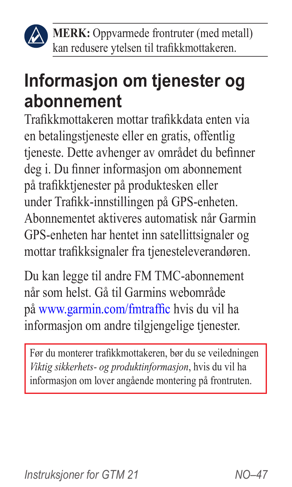 Informasjon om tjenester og abonnement | Garmin GTM 20 User Manual | Page 49 / 60