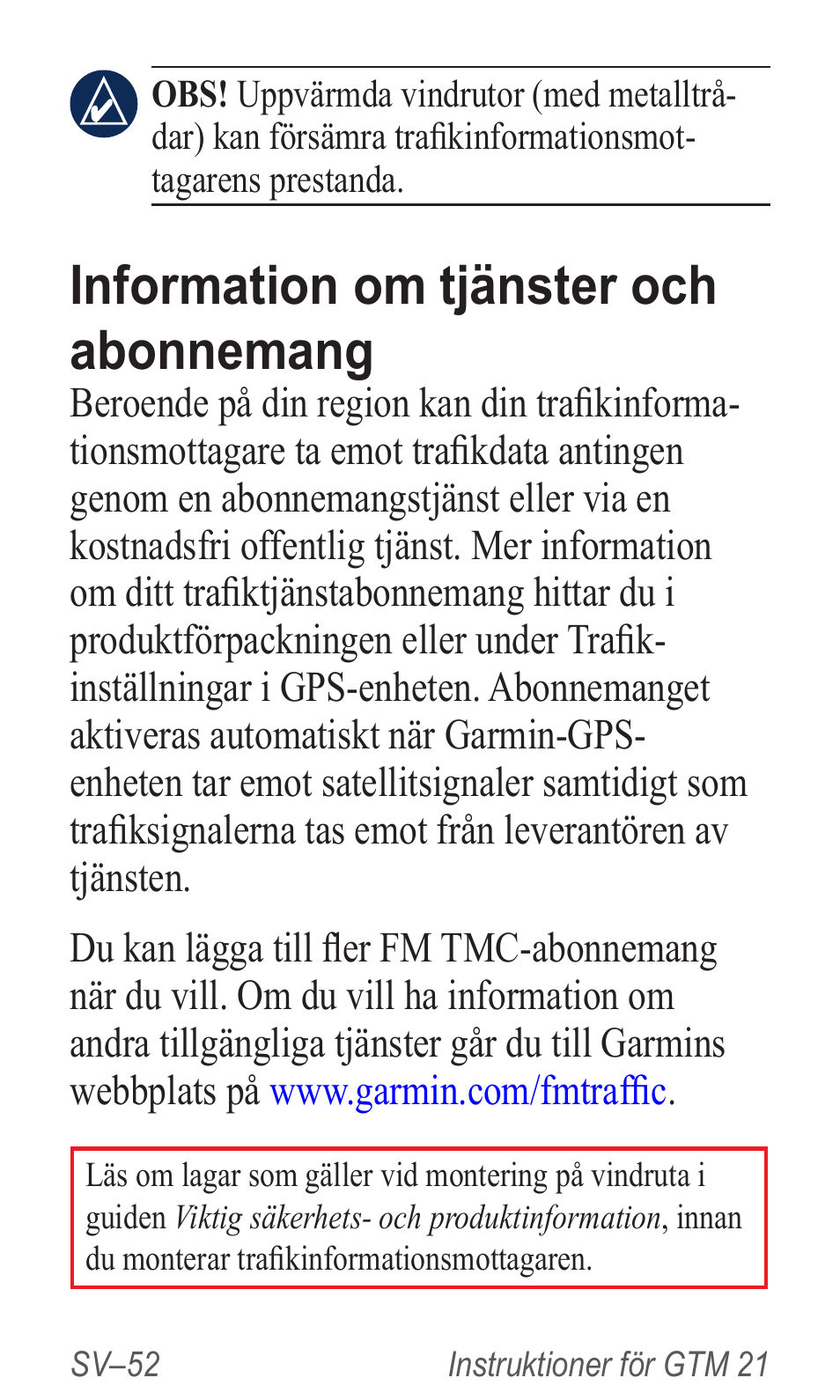 Information om tjänster och abonnemang | Garmin GTM 20 User Manual | Page 54 / 60