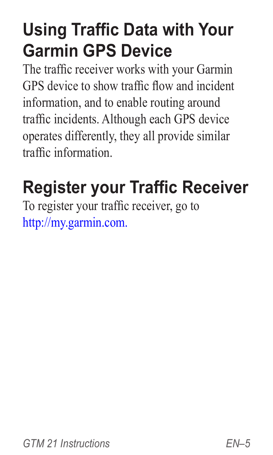Using traffic data with your garmin gps device, Register your traffic receiver | Garmin GTM 20 User Manual | Page 7 / 60