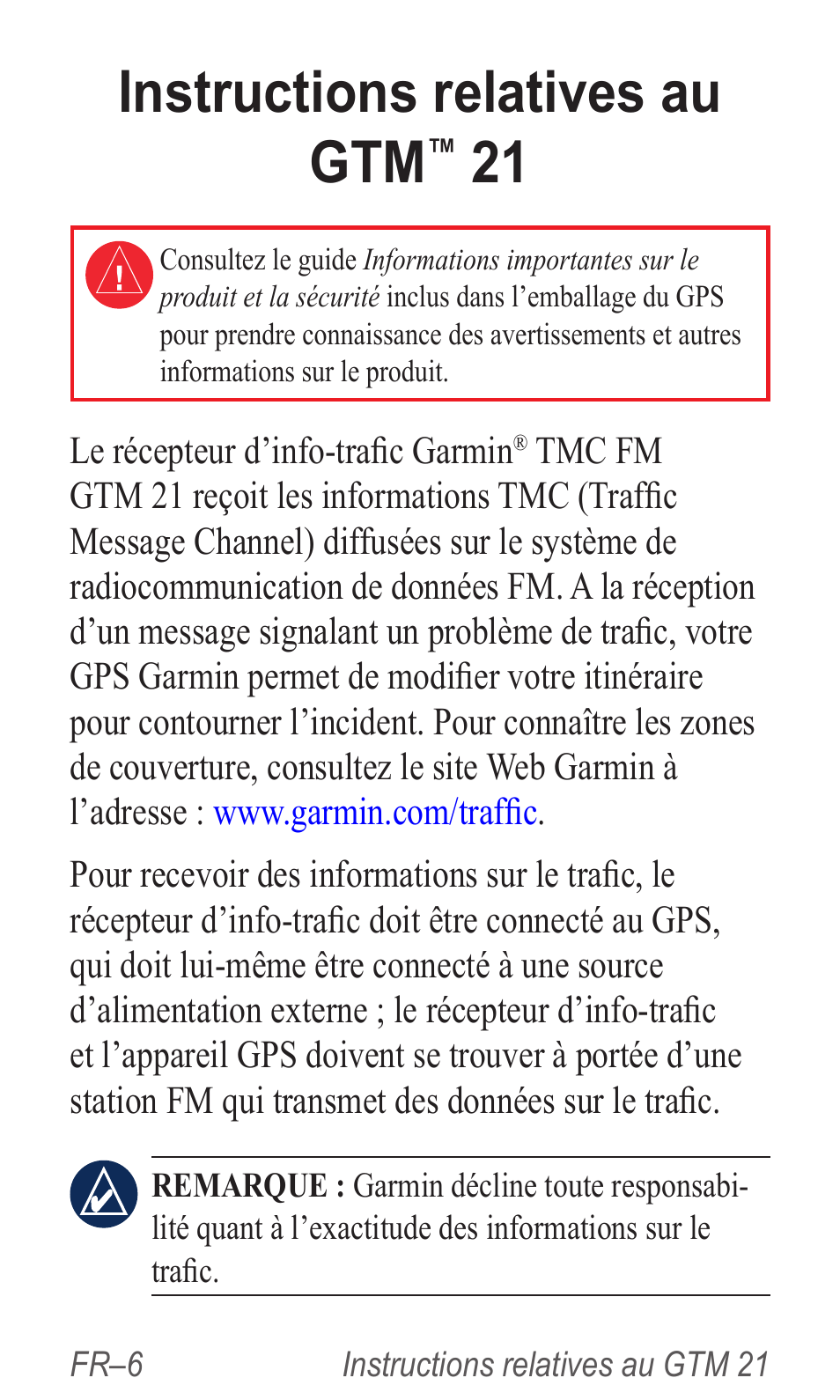 Instructions relatives au gtm™ 21, Nstructions, Instructions relatives au gtm | Garmin GTM 20 User Manual | Page 8 / 60