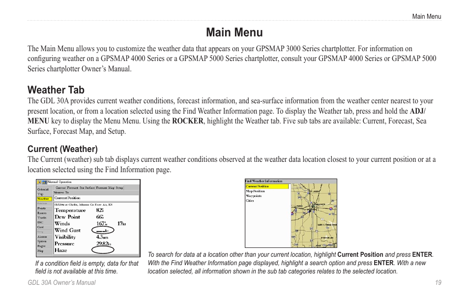 Main menu, Weather tab | Garmin GDL 30A User Manual | Page 21 / 34