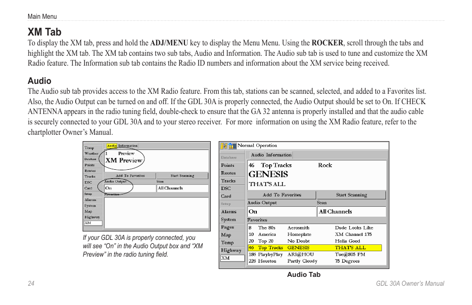 Xm tab, Verify that channels 7, 9, 47, and 122 appear (see | Garmin GDL 30A User Manual | Page 26 / 34