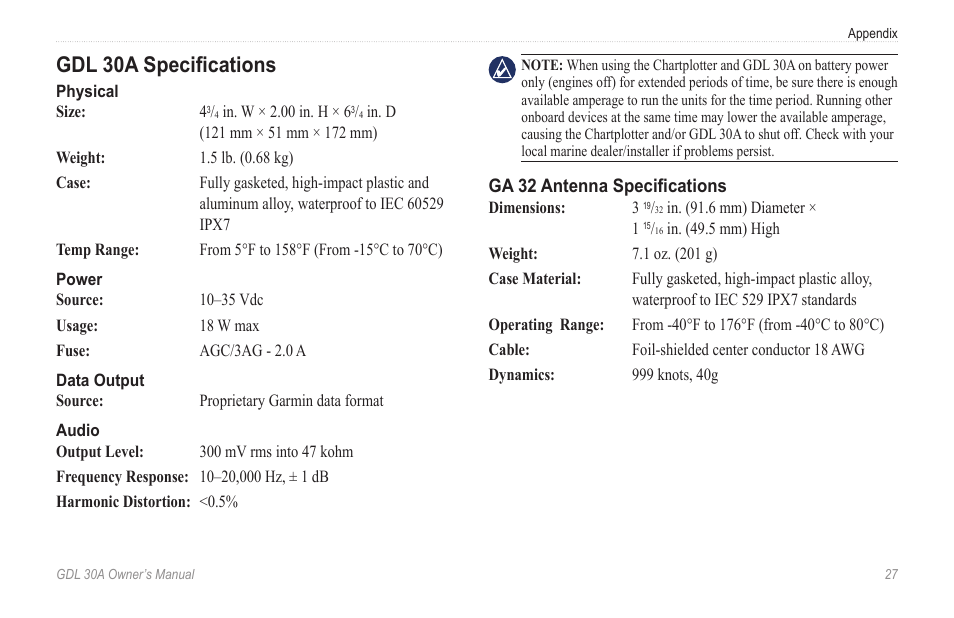 Gdl 30a specifications | Garmin GDL 30A User Manual | Page 29 / 34