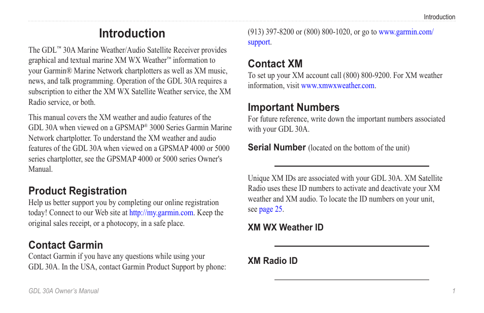 Introduction, Product registration, Contact garmin | Contact xm, Important numbers | Garmin GDL 30A User Manual | Page 3 / 34