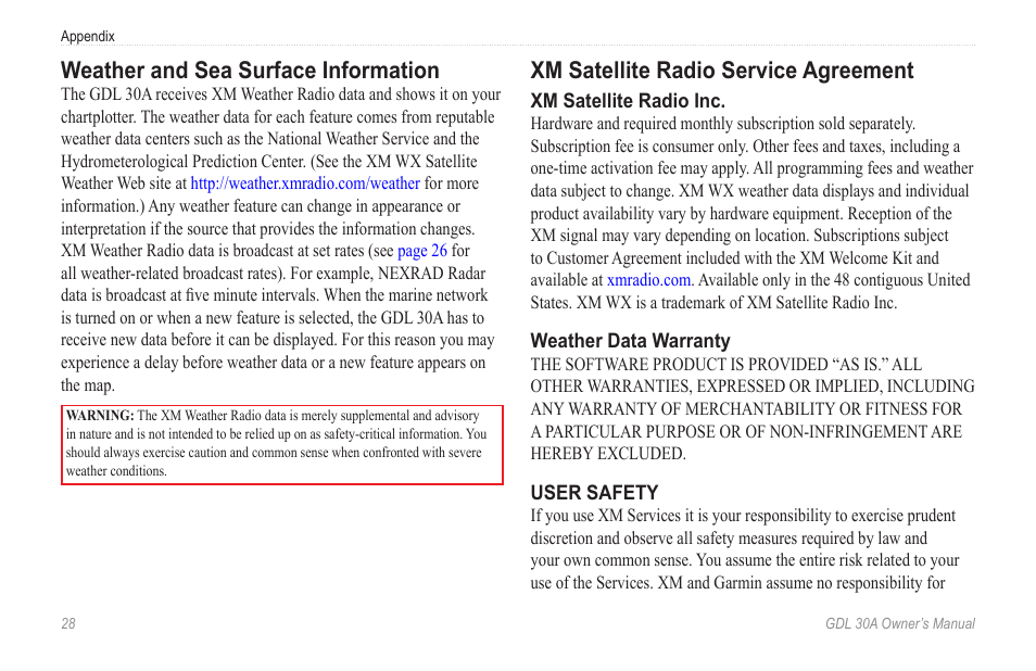 Weather and sea surface information, Xm satellite radio service agreement | Garmin GDL 30A User Manual | Page 30 / 34