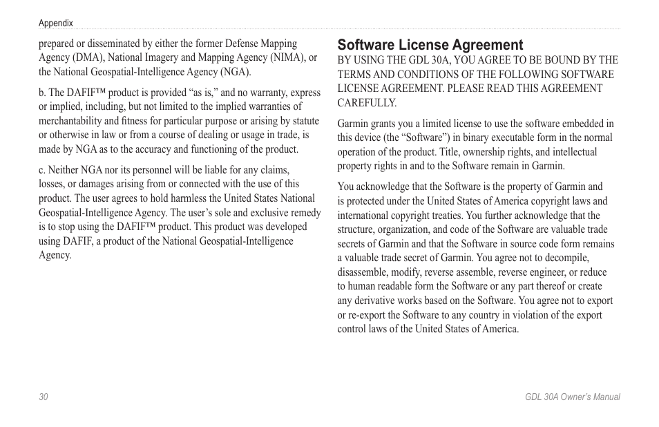 Software license agreement | Garmin GDL 30A User Manual | Page 32 / 34