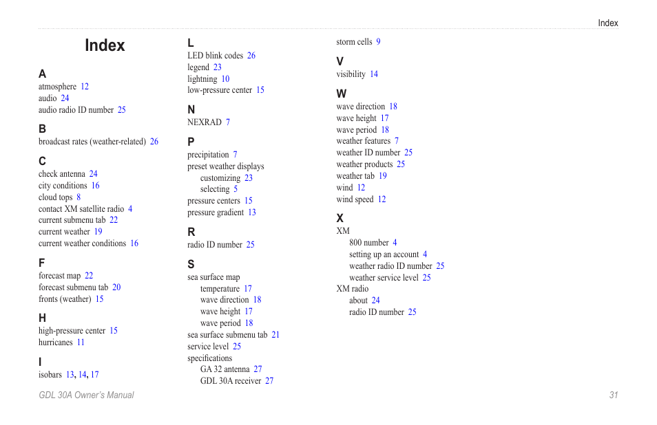 Index | Garmin GDL 30A User Manual | Page 33 / 34