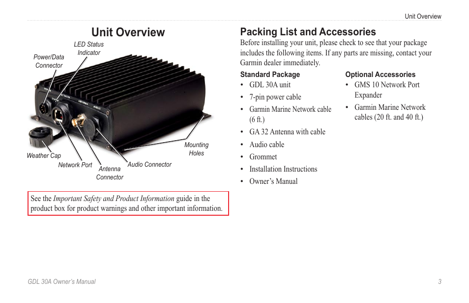 Unit overview, Packing list and accessories | Garmin GDL 30A User Manual | Page 5 / 34