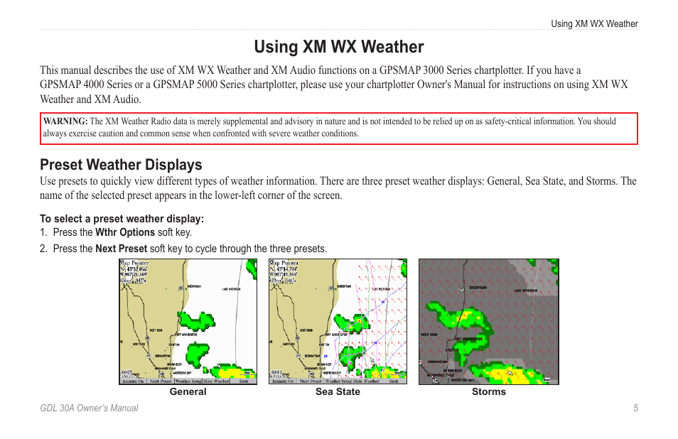 Using xm wx weather, Preset weather displays | Garmin GDL 30A User Manual | Page 7 / 34