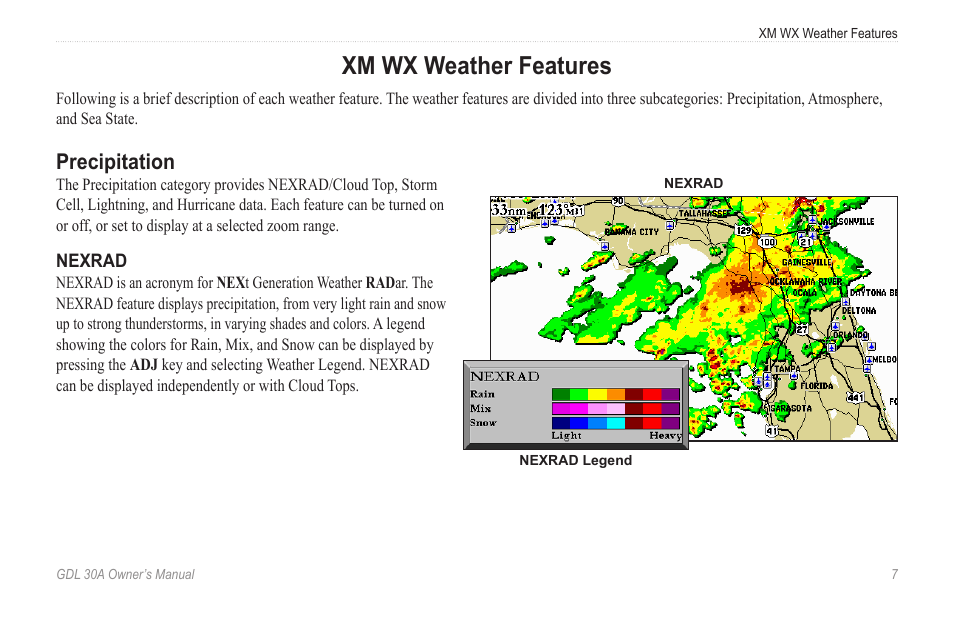 Xm wx weather features, Precipitation | Garmin GDL 30A User Manual | Page 9 / 34