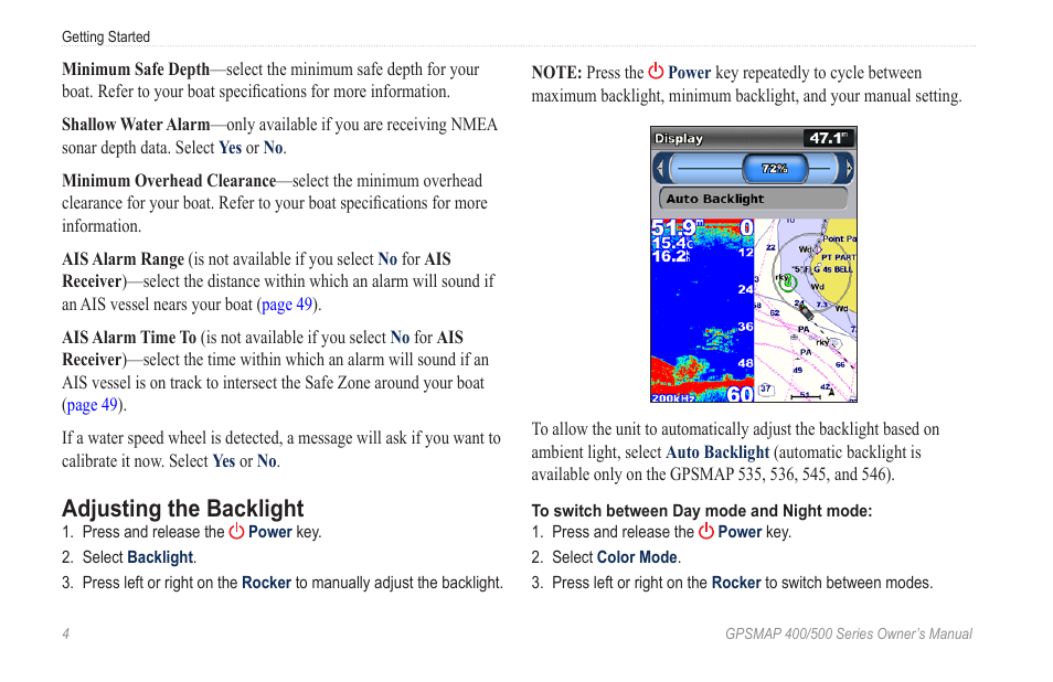 Adjusting the backlight | Garmin GPSMAP 545s User Manual | Page 10 / 88