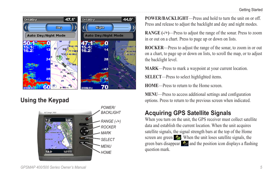 Using the keypad, Acquiring gps satellite signals | Garmin GPSMAP 545s User Manual | Page 11 / 88