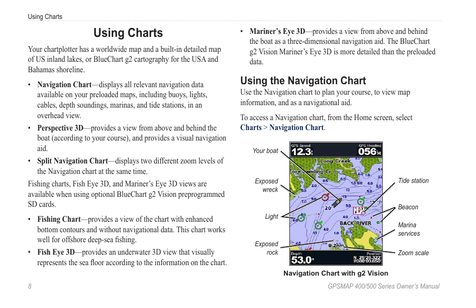 Using charts, Using the navigation chart | Garmin GPSMAP 545s User Manual | Page 14 / 88