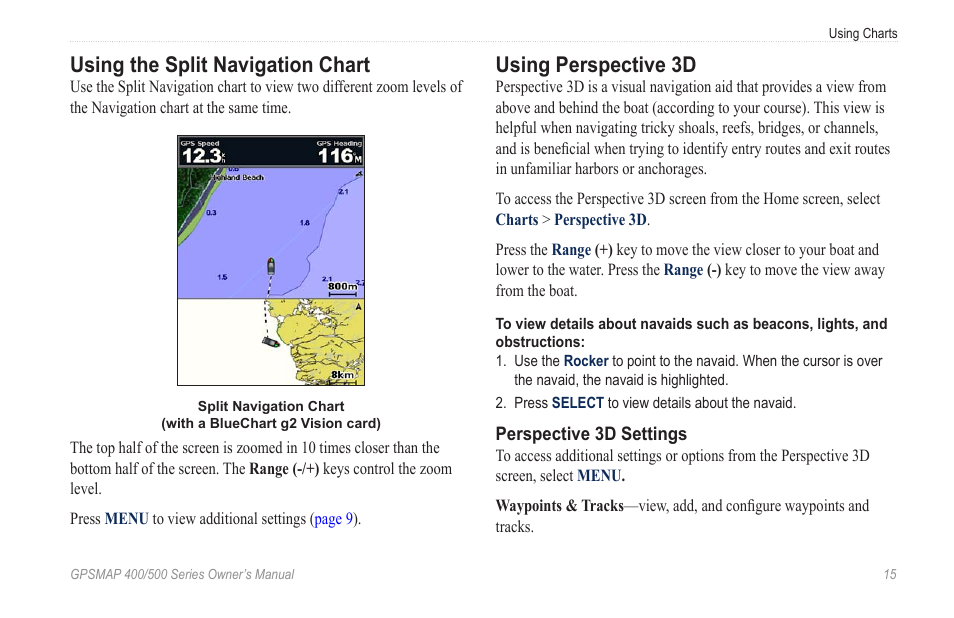 Using the split navigation chart, Using perspective 3d | Garmin GPSMAP 545s User Manual | Page 21 / 88