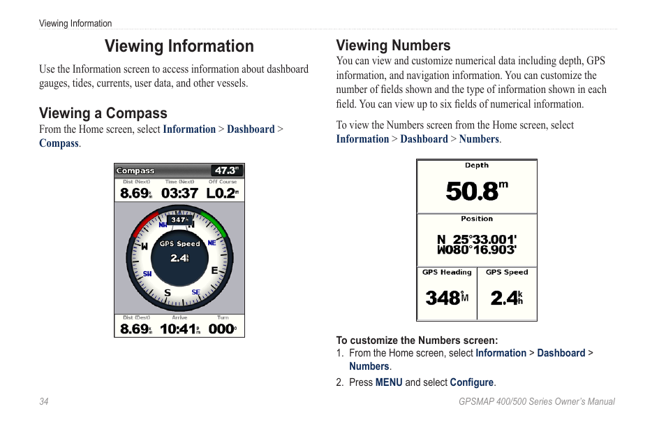 Viewing information, Viewing a compass, Viewing numbers | Garmin GPSMAP 545s User Manual | Page 40 / 88