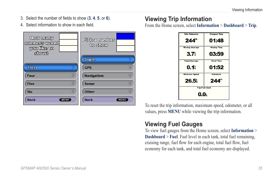 Viewing trip information, Viewing fuel gauges | Garmin GPSMAP 545s User Manual | Page 41 / 88