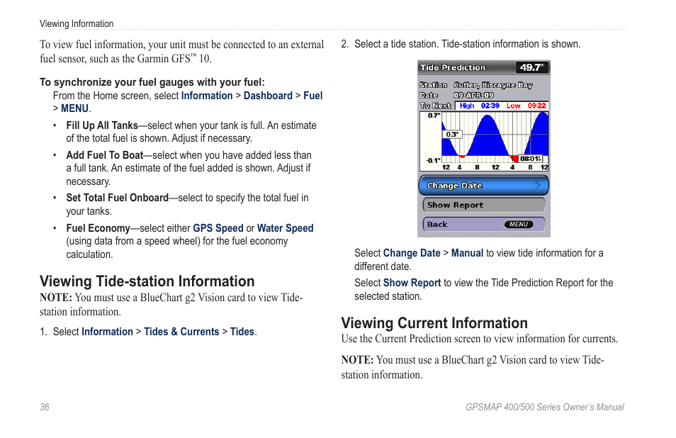 Viewing tide-station information, Viewing current information | Garmin GPSMAP 545s User Manual | Page 42 / 88