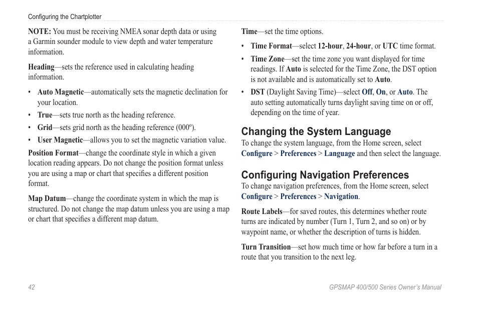 Changing the system language, Configuring navigation preferences | Garmin GPSMAP 545s User Manual | Page 48 / 88