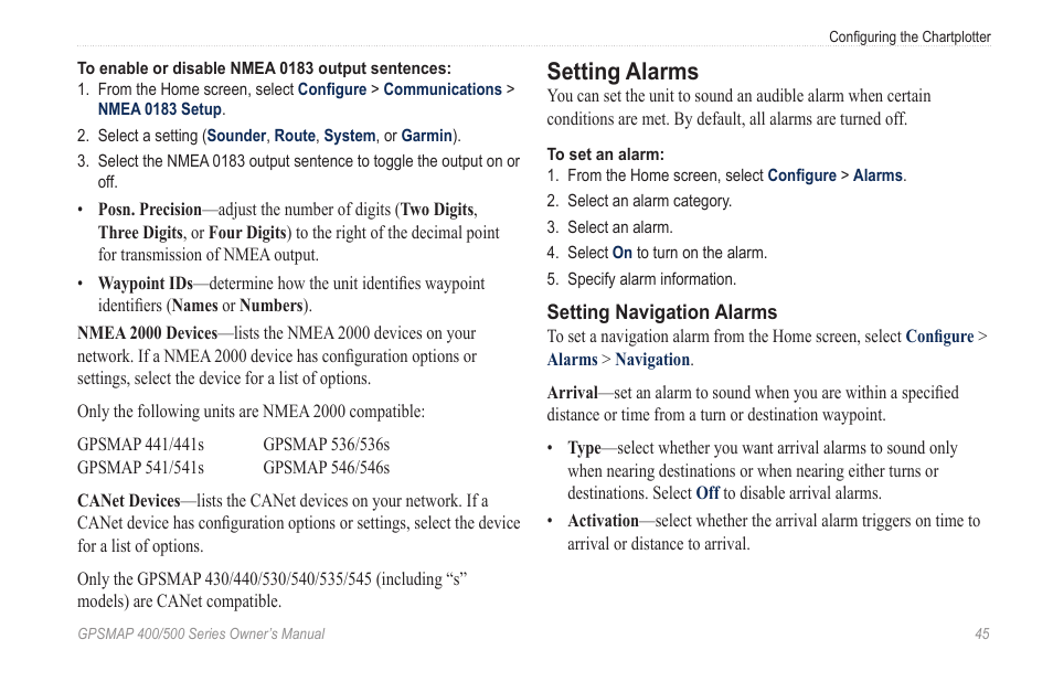 Setting alarms | Garmin GPSMAP 545s User Manual | Page 51 / 88