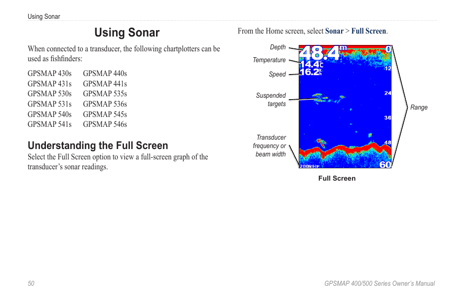 Using sonar, Understanding the full screen, Set up and access sonar information | Garmin GPSMAP 545s User Manual | Page 56 / 88