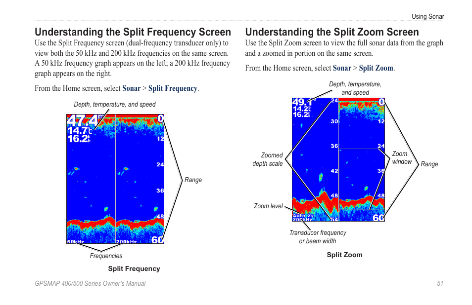 Understanding the split frequency screen, Understanding the split zoom screen | Garmin GPSMAP 545s User Manual | Page 57 / 88