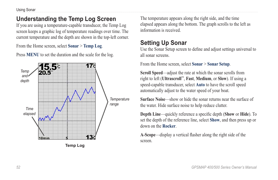 Understanding the temp log screen, Setting up sonar | Garmin GPSMAP 545s User Manual | Page 58 / 88