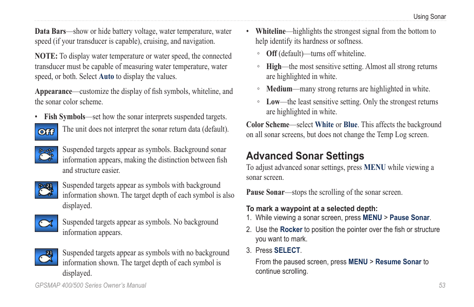 Advanced sonar settings | Garmin GPSMAP 545s User Manual | Page 59 / 88