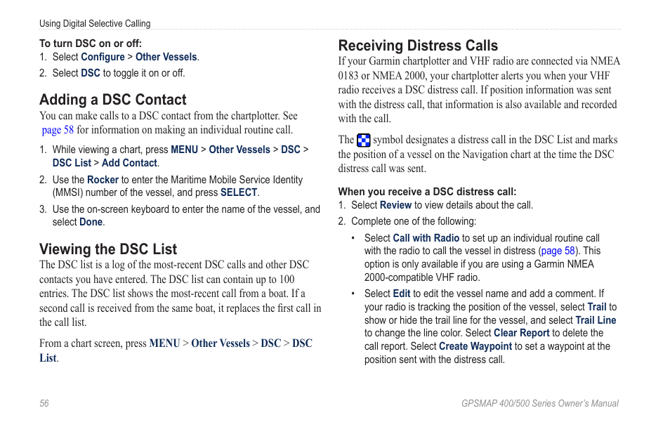 Adding a dsc contact, Viewing the dsc list, Receiving distress calls | Garmin GPSMAP 545s User Manual | Page 62 / 88