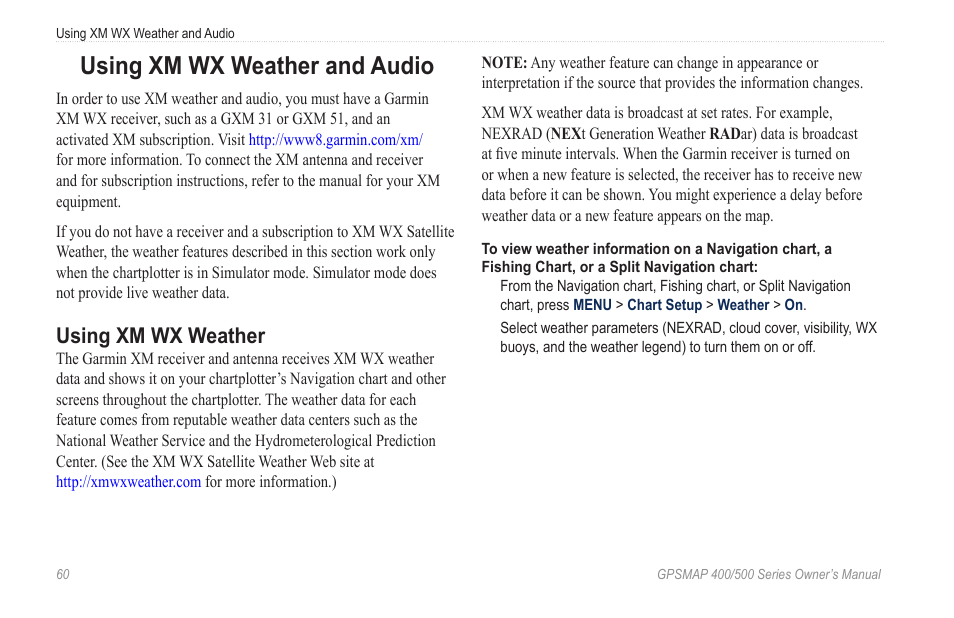 Using xm wx weather and audio, Using xm wx weather | Garmin GPSMAP 545s User Manual | Page 66 / 88