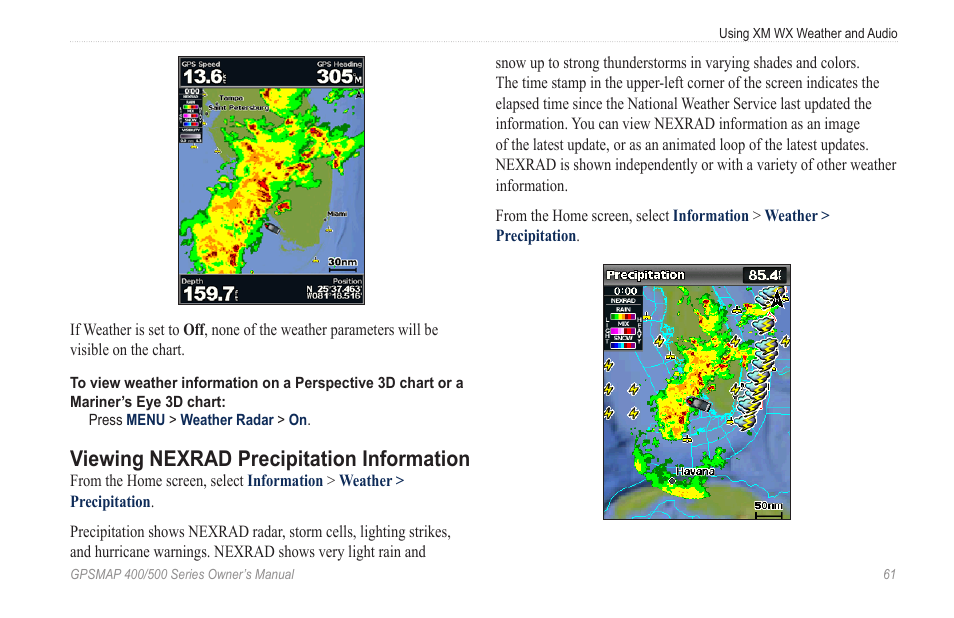 Viewing nexrad precipitation information | Garmin GPSMAP 545s User Manual | Page 67 / 88