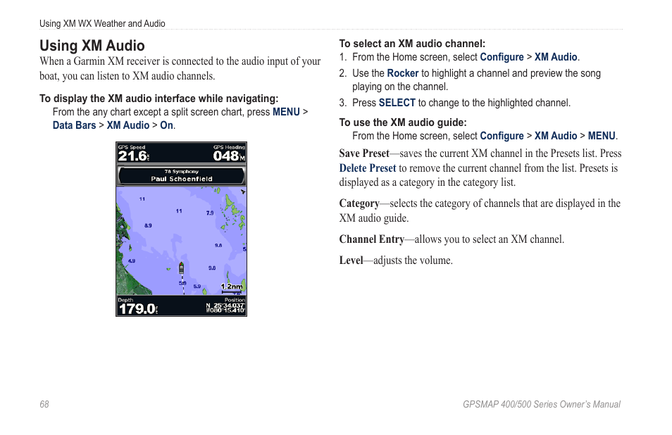 Using xm audio | Garmin GPSMAP 545s User Manual | Page 74 / 88