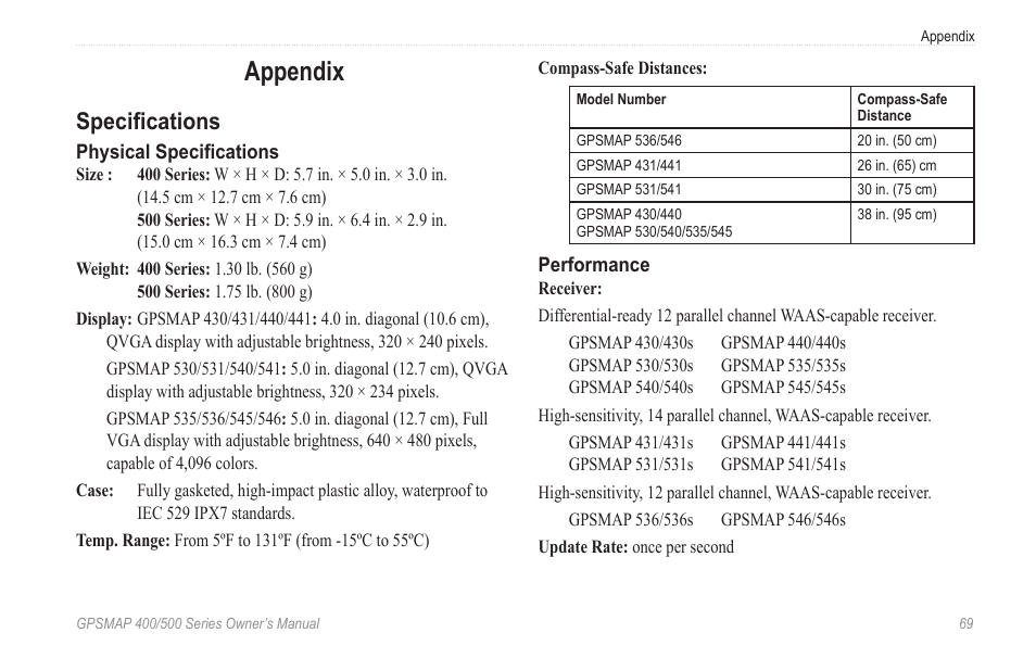 Appendix, Specifications | Garmin GPSMAP 545s User Manual | Page 75 / 88