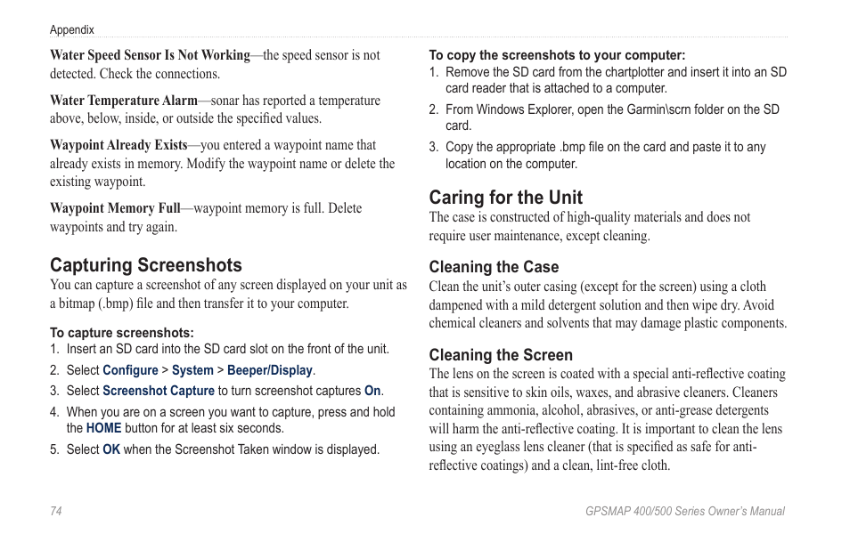 Capturing screenshots, Caring for the unit | Garmin GPSMAP 545s User Manual | Page 80 / 88