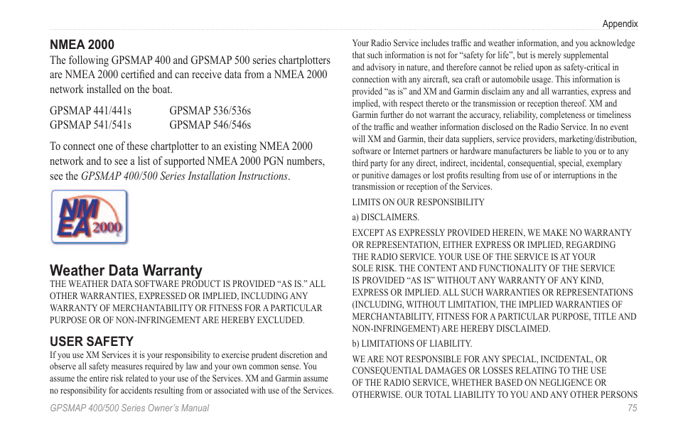 Weather data warranty, Nmea 2000, User safety | Garmin GPSMAP 545s User Manual | Page 81 / 88