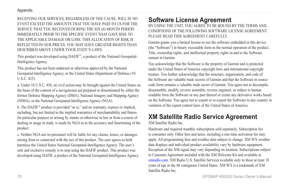 Software license agreement, Xm satellite radio service agreement | Garmin GPSMAP 545s User Manual | Page 82 / 88