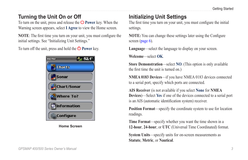 Turning the unit on or off, Initializing unit settings | Garmin GPSMAP 545s User Manual | Page 9 / 88