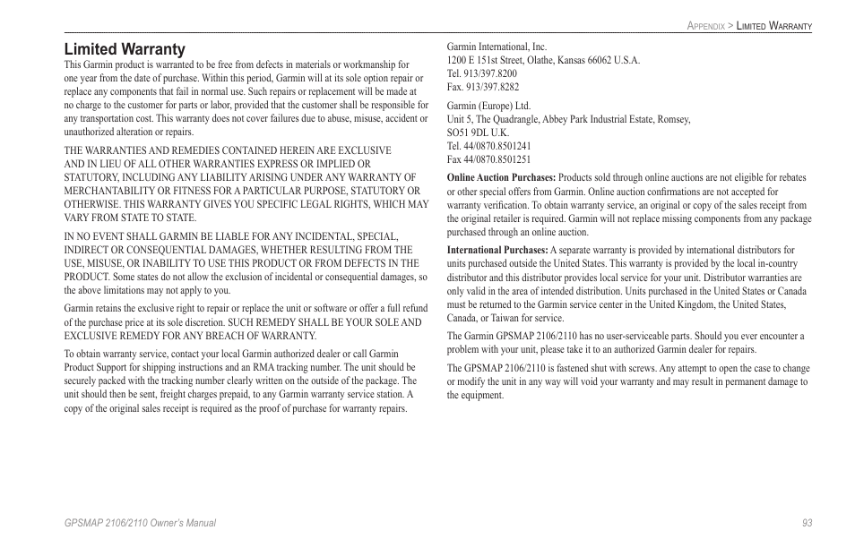 Limited warranty | Garmin GPSMAP 2110 User Manual | Page 101 / 106