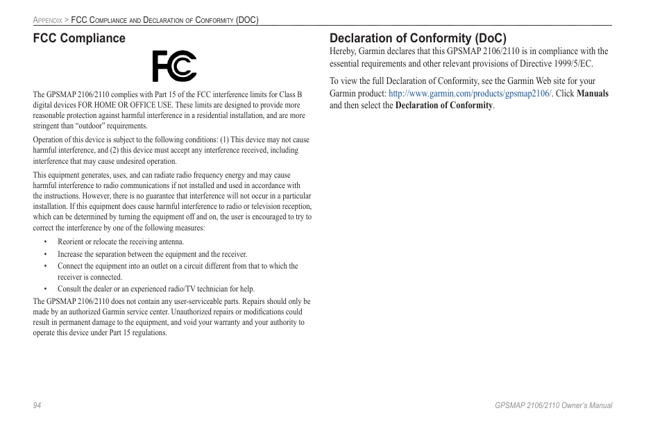 Fcc compliance, Declaration of conformity (doc) | Garmin GPSMAP 2110 User Manual | Page 102 / 106