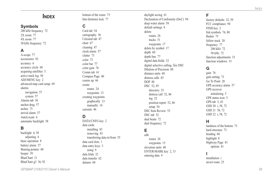 Index, Ndex | Garmin GPSMAP 2110 User Manual | Page 103 / 106