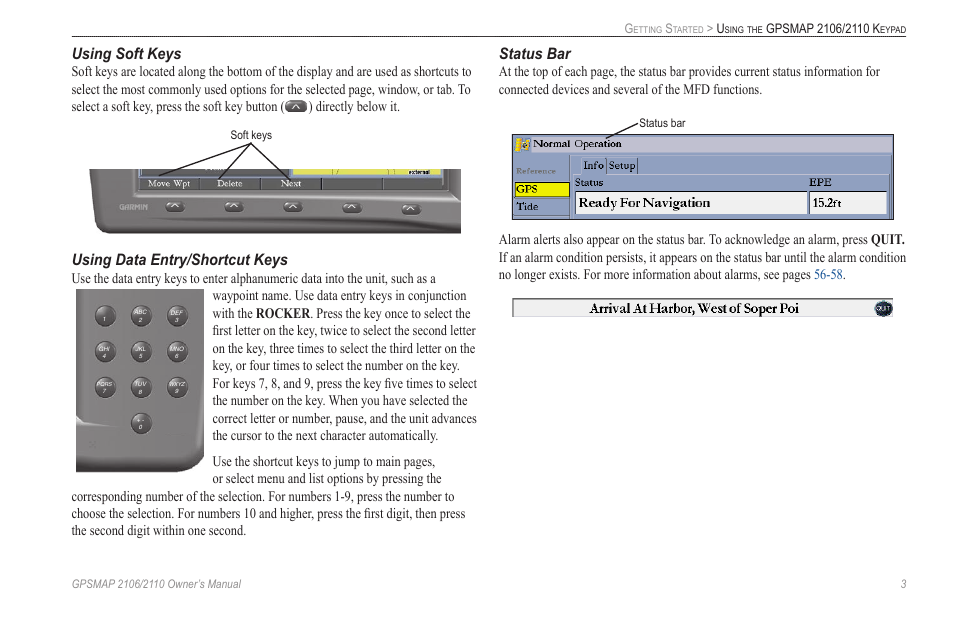 Using soft keys, Using data entry/shortcut keys, Status bar | Soft keys | Garmin GPSMAP 2110 User Manual | Page 11 / 106